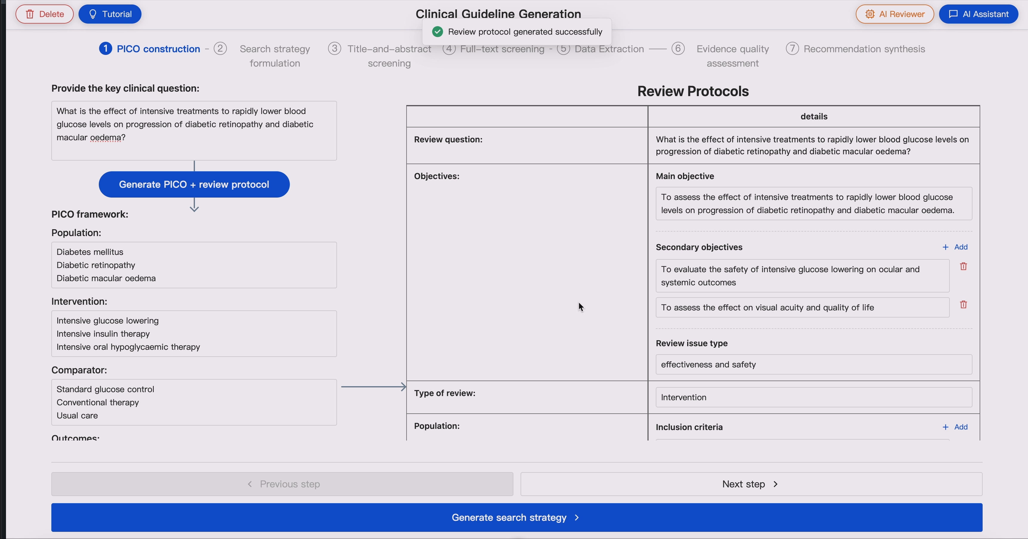 Clinical question to protocol interface