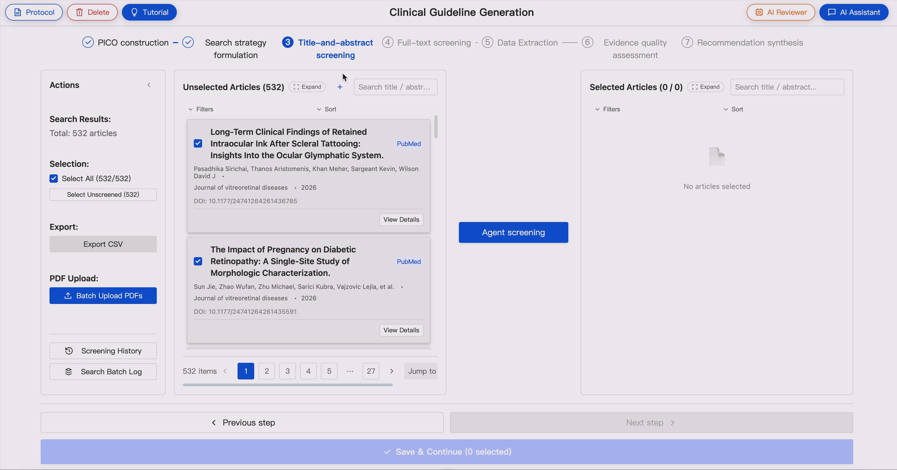 Literature retrieval and screening queue interface