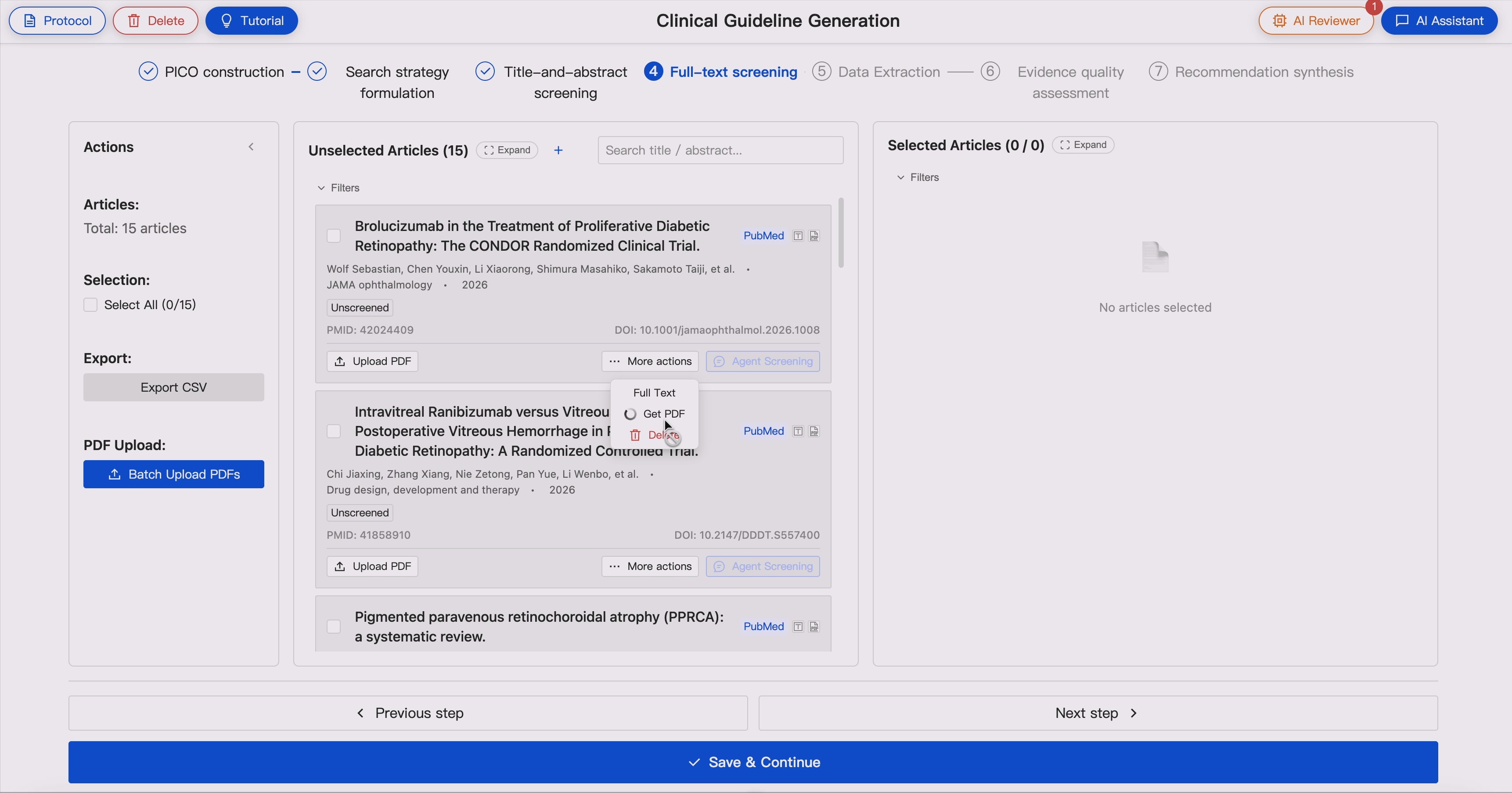 Full-text screening workspace
