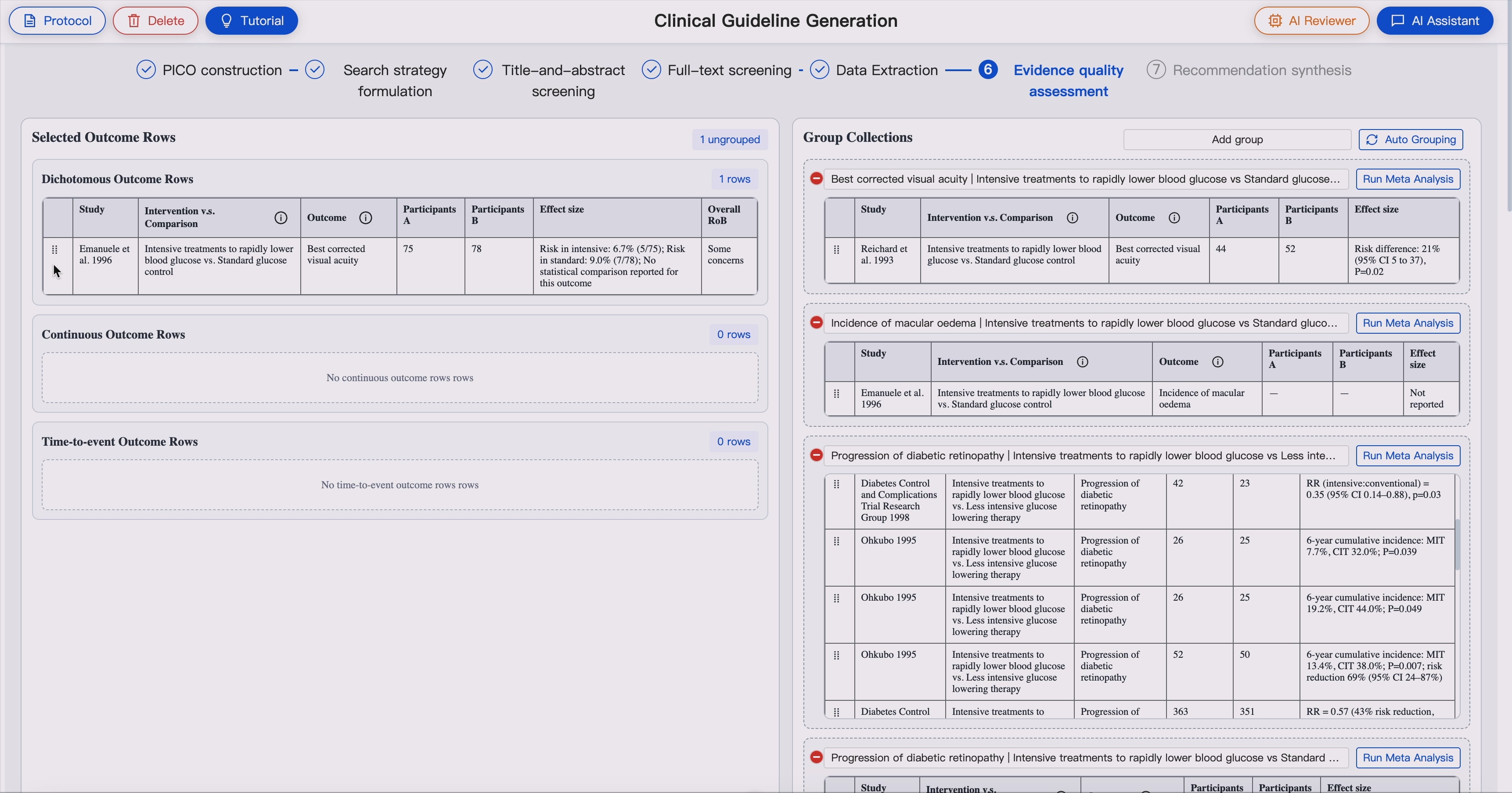 GRADE grouping and meta-analysis preparation view